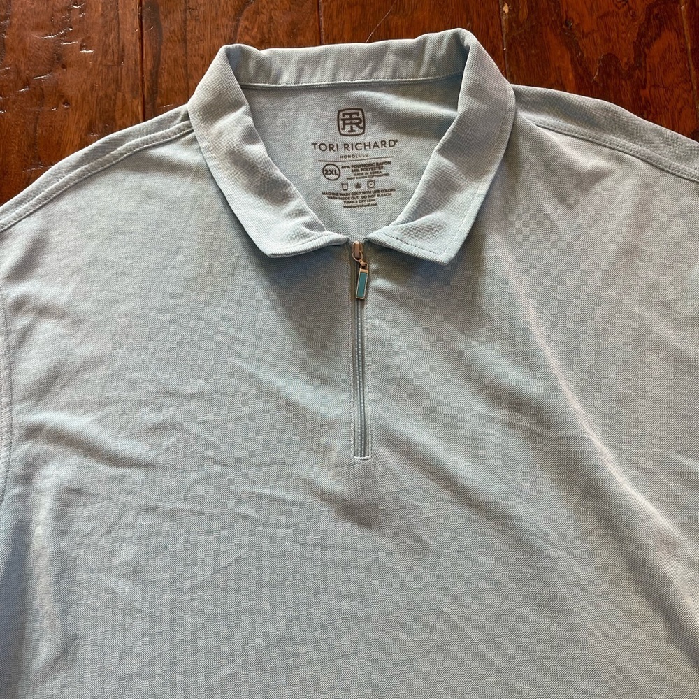 Tori Richard Honolulu M Blue Marl Zip Polo Shirt Golf Athletic Casual 3/4 zip - Picture 5 of 5